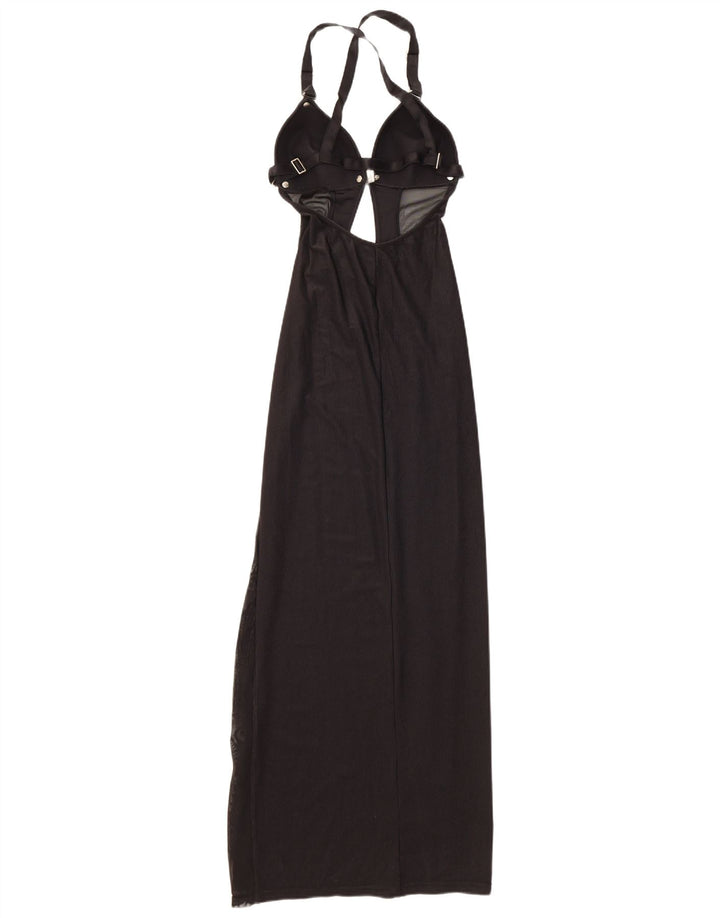 Vintage Damen Neckholder Maxikleid UK 12 Medium Schwarz Polyamid