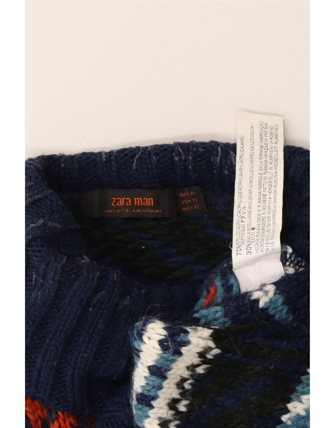 ZARA Herren-Pullover mit Rollkragen, XL, Marineblau, Fair-Isle-Acryl