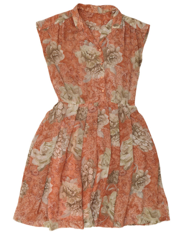 Vintage Damen Ärmelloses A-Linien-Kleid UK 14 Medium Orange Floral Retro