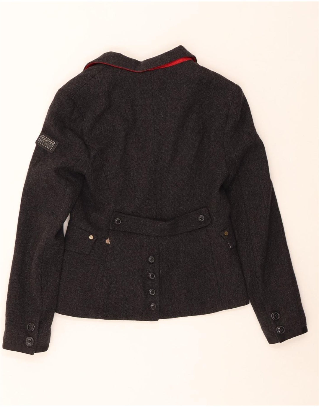 SUPERDRY Damen-Blazerjacke mit 2 Knöpfen, UK 12, mittelgraue Wolle mit Fischgrätenmuster