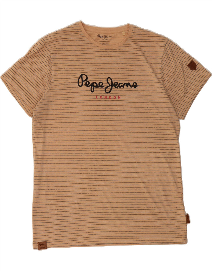 PEPE JEANS Mens Regular Fit Graphic T-Shirt Top Medium Beige Striped Vintage PEPE Jeans and Second-Hand PEPE Jeans from Messina Hembry 