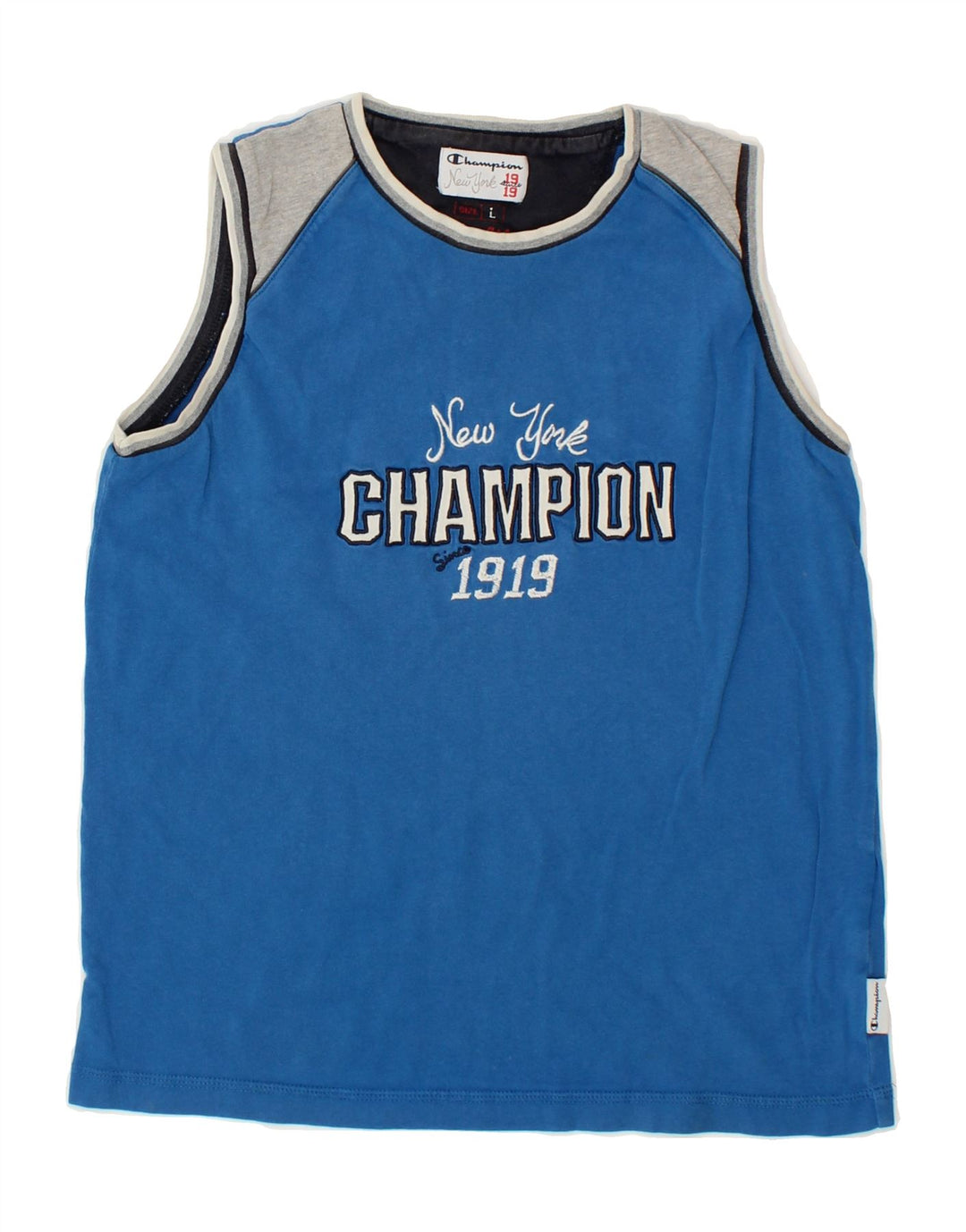 CHAMPION Boys Graphic Vest Top 11-12 Years Large  Blue Colourblock Vintage Champion and Second-Hand Champion from Messina Hembry 