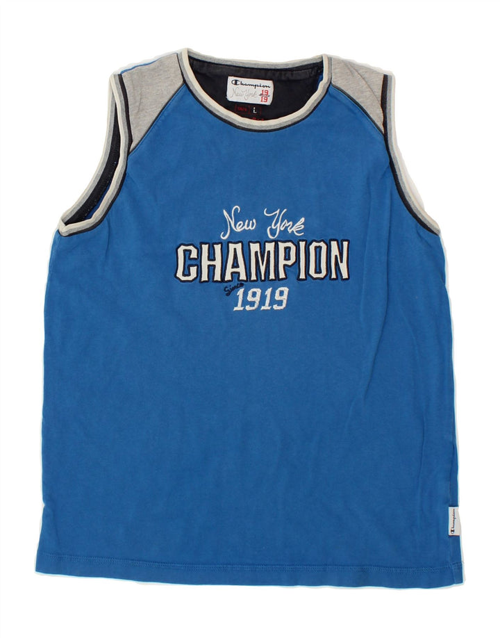 CHAMPION Boys Graphic Vest Top 11-12 Years Large  Blue Colourblock Vintage Champion and Second-Hand Champion from Messina Hembry 