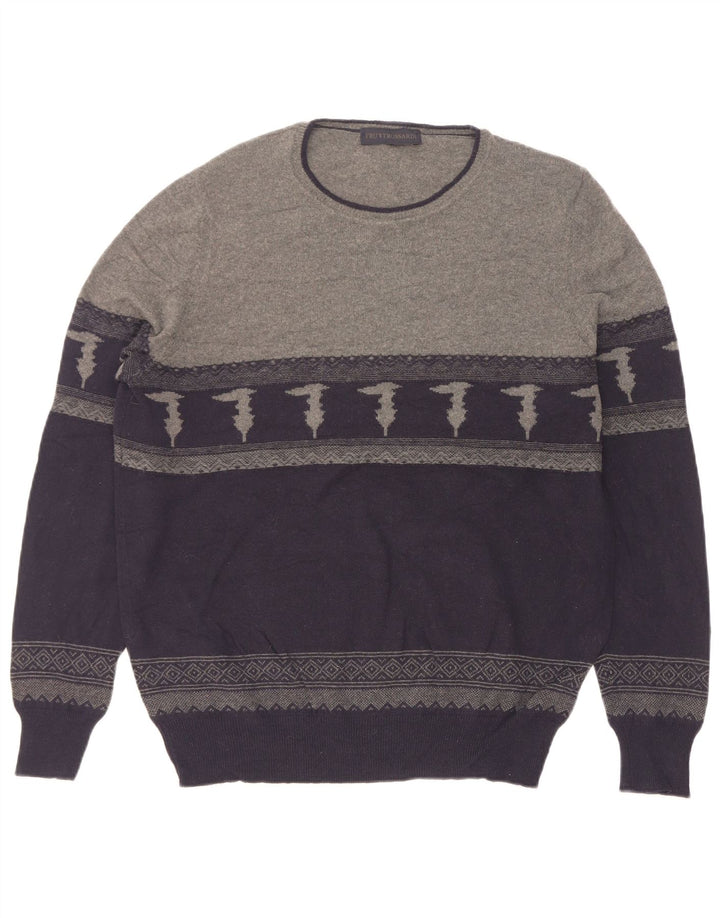 Trussardi Herren-Pullover mit U-Boot-Ausschnitt, mittlerer Marineblau-Farbblock