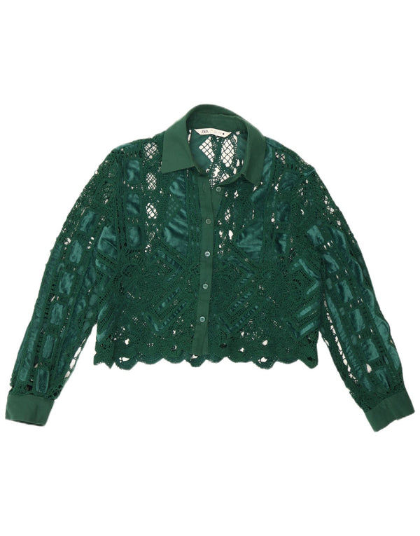 Zara Damen Crop Crochet Shirt Bluse UK 10 Small Grün