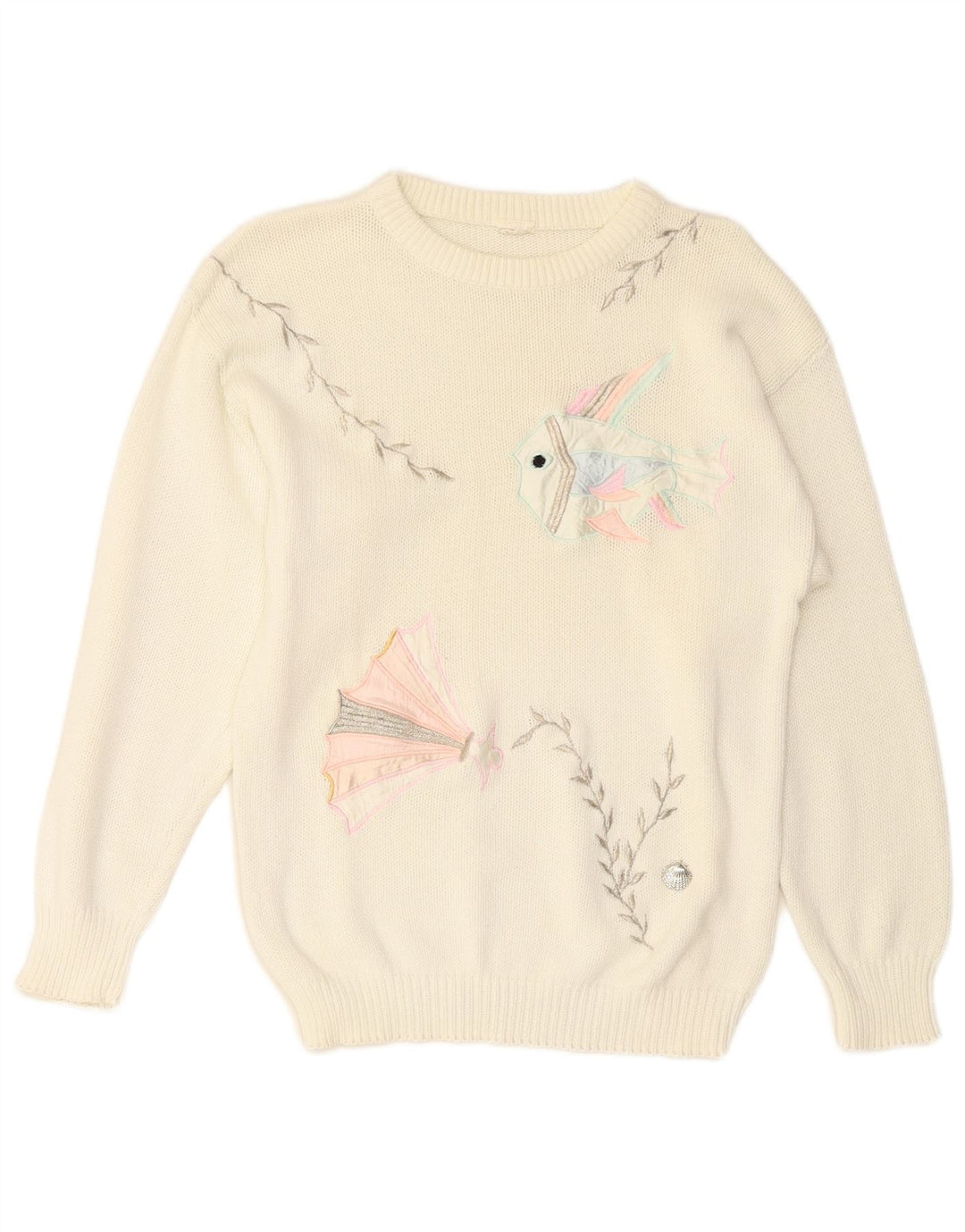 VINTAGE Damen Pullover mit Rundhalsausschnitt UK 14 Medium Off White