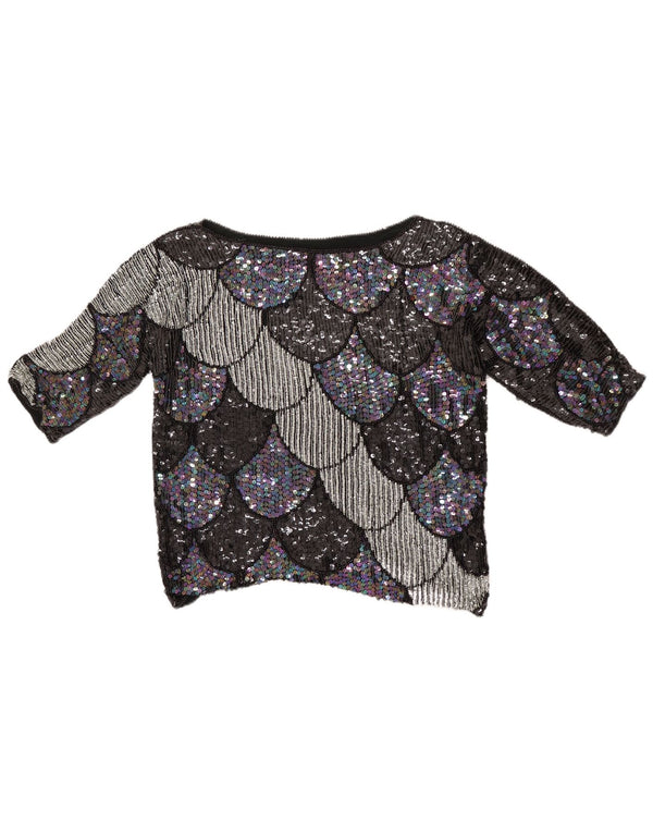 Vintage Damen Crop 3/4 Ärmel Bluse Top UK 14 Medium Schwarz Geometrisch