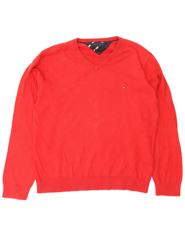 Tommy Hilfiger Mens V-Neck Jumper Sweater XL Red Cotton