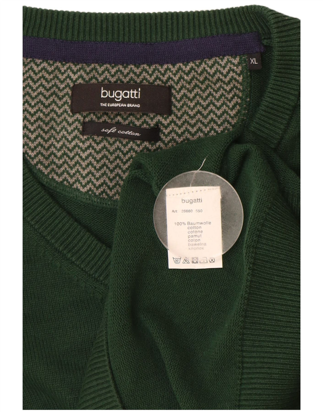 BUGATTI Herren-Pullover mit V-Ausschnitt, XL, grüne Baumwolle