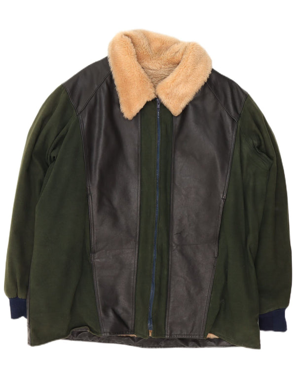Vintage Herren Sherpa Lederjacke UK 42 XL Grün Farbblock