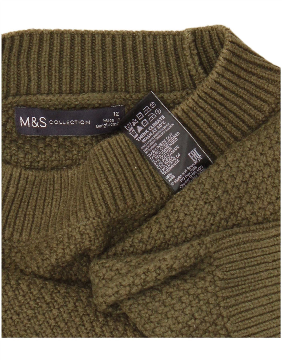 Marks & Spencer Damen-Pullover mit Rundhalsausschnitt, UK 12, mittlere Khaki-Baumwolle