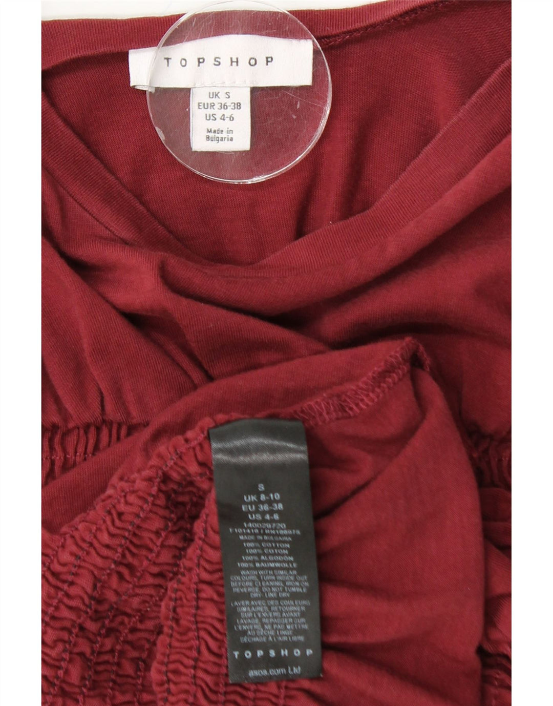 TOPSHOP Damen Crop Bluse Top UK 10 Small Burgund Baumwolle