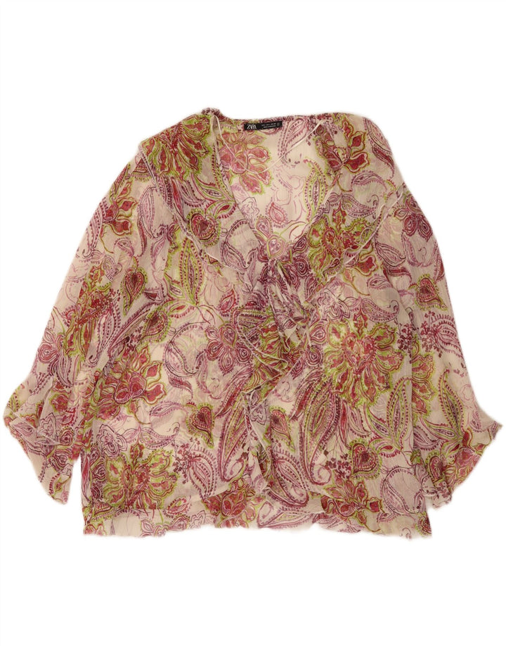 Zara Damen-Blusenoberteil mit Rüschen vorne, Gr. 44, groß, mehrfarbig, mit Blumenmuster