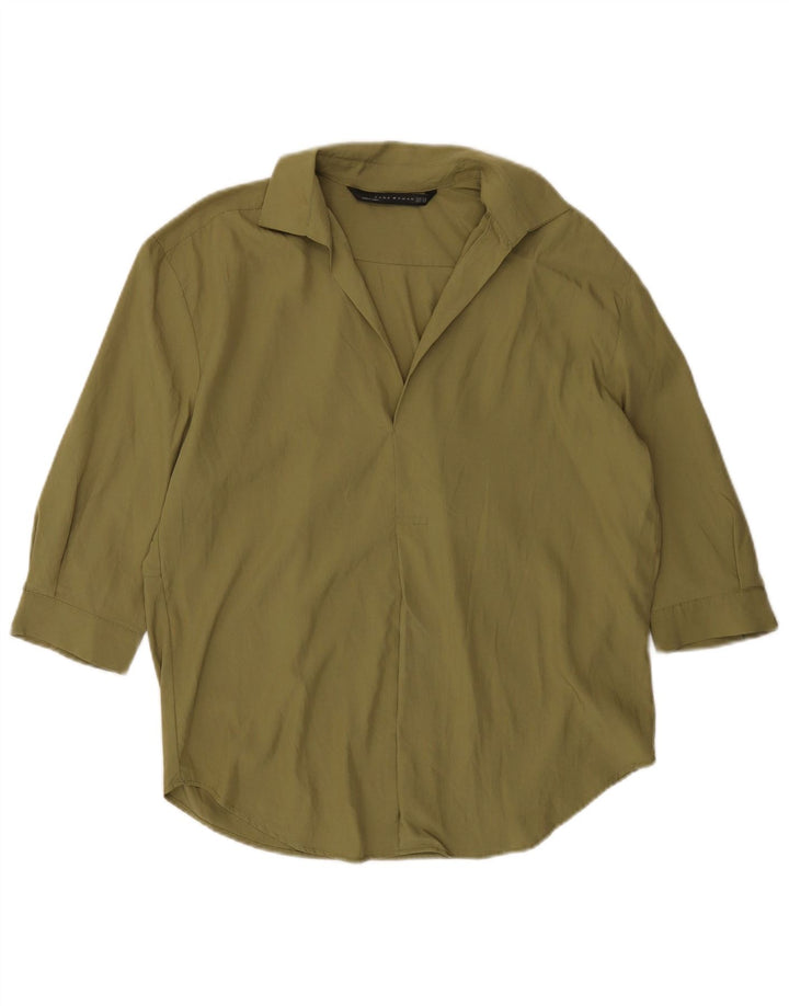 Zara Damen 3/4-Ärmel-Übergroßes Pullover-Hemd UK 6 XS Khaki Lyocell