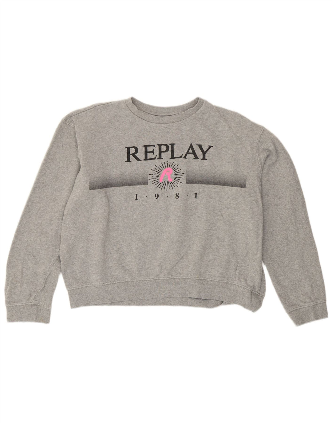 Replay Damen Crop Graphic Oversized Sweatshirt Pullover UK 14 Large Grau
