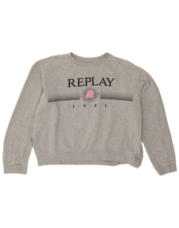 Replay Damen Crop Graphic Oversized Sweatshirt Pullover UK 14 Large Grau