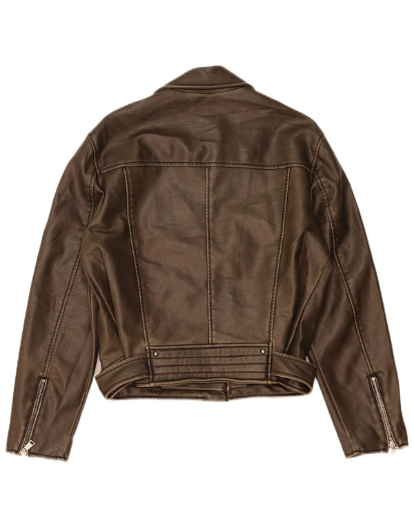 Zara Damen-Bikerjacke aus Kunstleder, UK 14, mittelbraunes Polyethylen