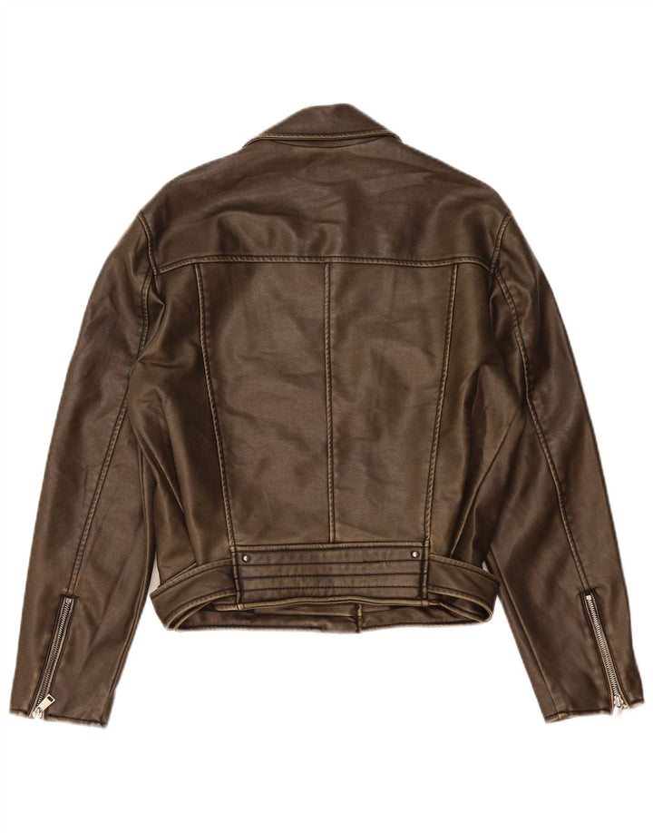 Zara Damen-Bikerjacke aus Kunstleder, UK 14, mittelbraunes Polyethylen
