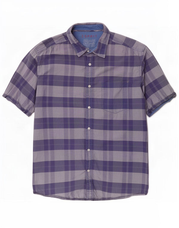 Esprit Herren Kurzarmhemd 2XL Marineblau kariert Baumwolle