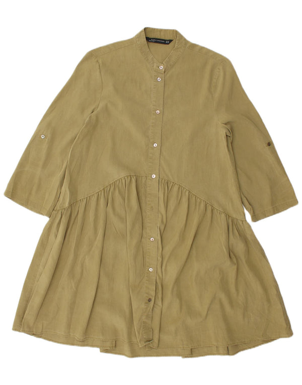 Zara Damen 3/4-Ärmel-Hemdkleid UK 6 XS Khaki Lyocell
