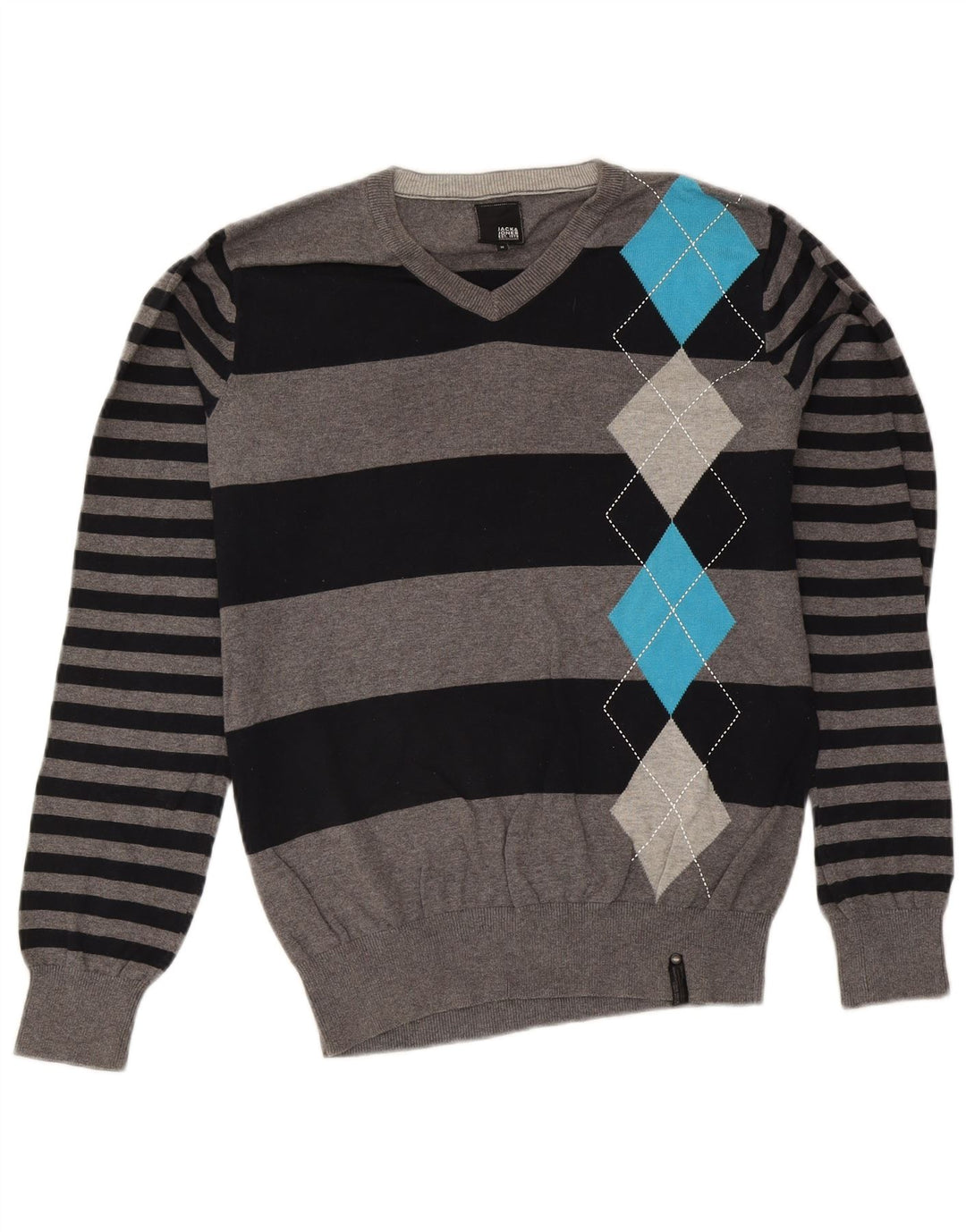 Jack & Jones Herren-Pullover mit V-Ausschnitt, mittelgraue Argyle-/Diamant-Baumwolle