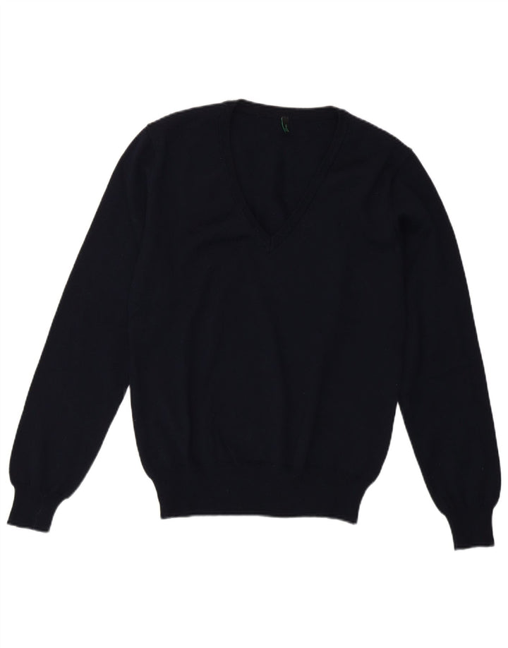 Benetton Damen-Pullover mit V-Ausschnitt, UK 10, Größe S, marineblaue Wolle