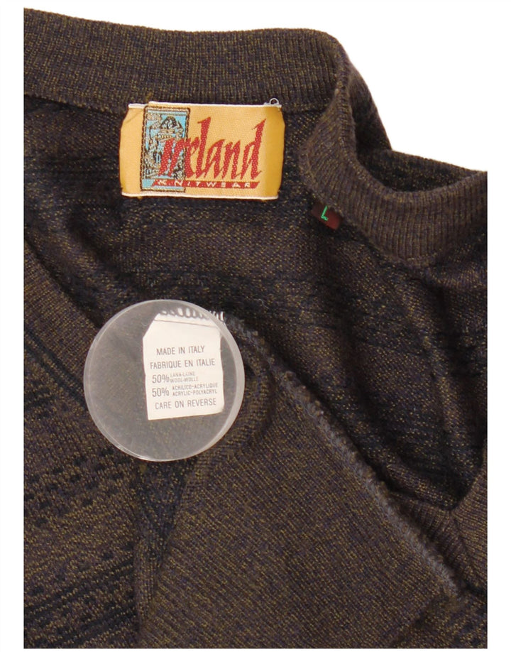 Ireland Herren-Pullover mit V-Ausschnitt, groß, Khaki, gestreift, Wolle