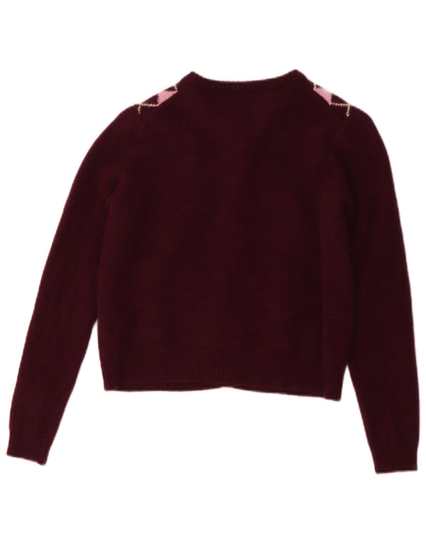 Zara Damen Crop Cardigan Pullover UK 12 Medium Burgunder Argyle/Diamond Wool