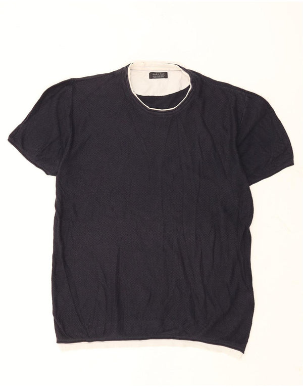 Zara Herren Kurzarm-Pullover mit Rundhalsausschnitt, XL, Marineblau, Farbblock