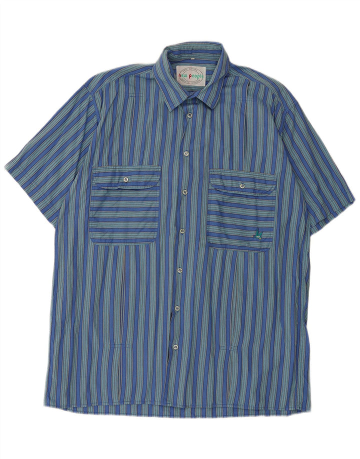 Vintage Herren Kurzarmhemd Große blau gestreifte Baumwolle