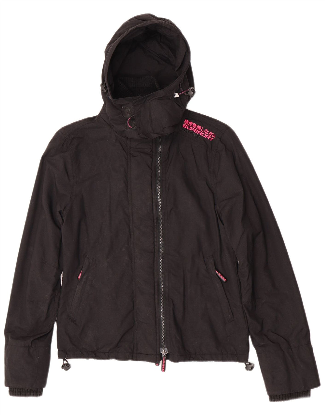 Superdry Damen-Windbreakerjacke mit Kapuze, UK 10, Größe S, schwarzes Nylon