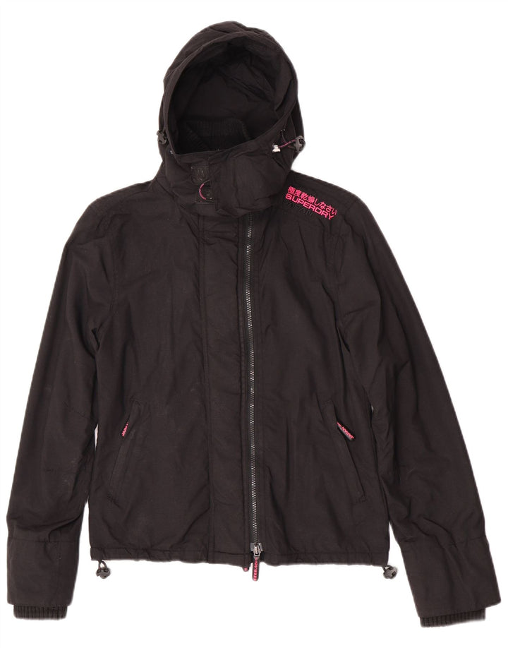 Superdry Damen-Windbreakerjacke mit Kapuze, UK 10, Größe S, schwarzes Nylon