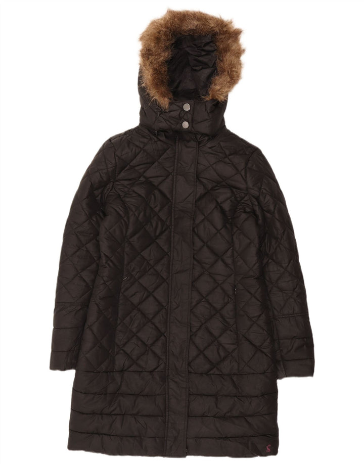 Joules Womens Hooded Quilted Overcoat UK 10 Small Schwarz Polyester