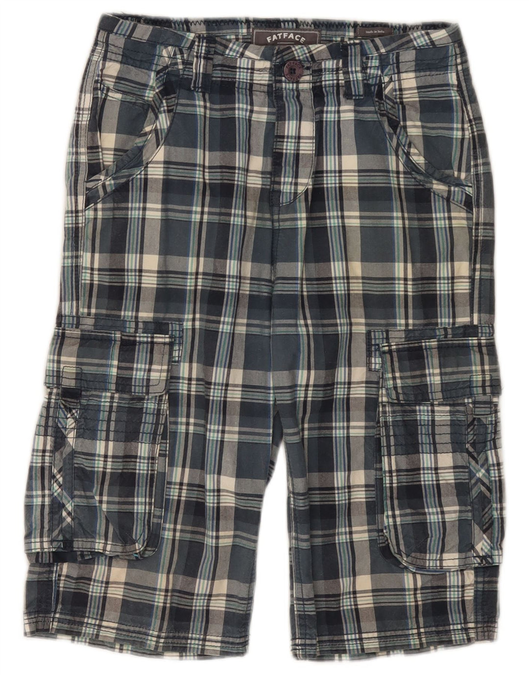 FAT FACE Cargo-Bermudashorts für Jungen, 12–13 Jahre, W26, blau karierte Baumwolle