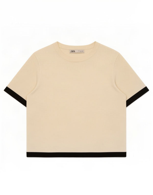 Zara Damen Crop T-Shirt Top UK 10 Small Beige Colourblock Viskose