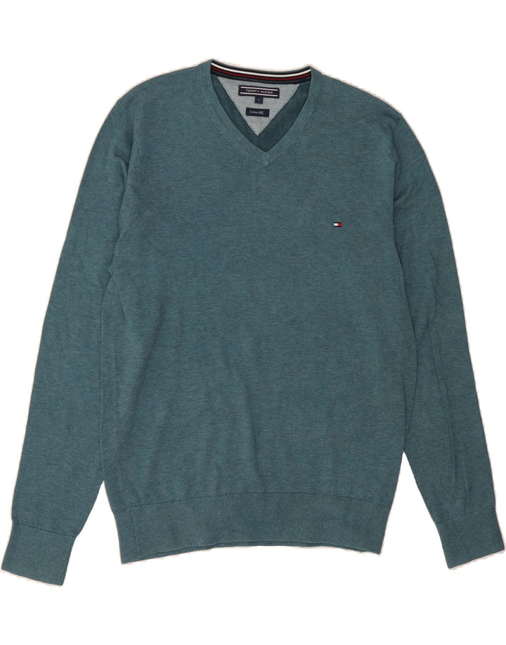 TOMMY HILFIGER Mens V-Neck Jumper Sweater Small Blue Cotton Vintage Tommy Hilfiger and Second-Hand Tommy Hilfiger from Messina Hembry 
