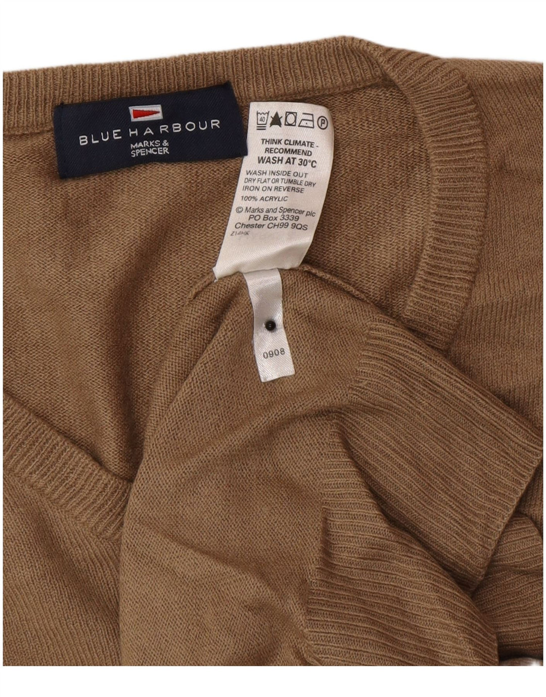 Marks & Spencer Herren Blue Harbor V-Ausschnitt Pullover Pullover Small Braun Acryl