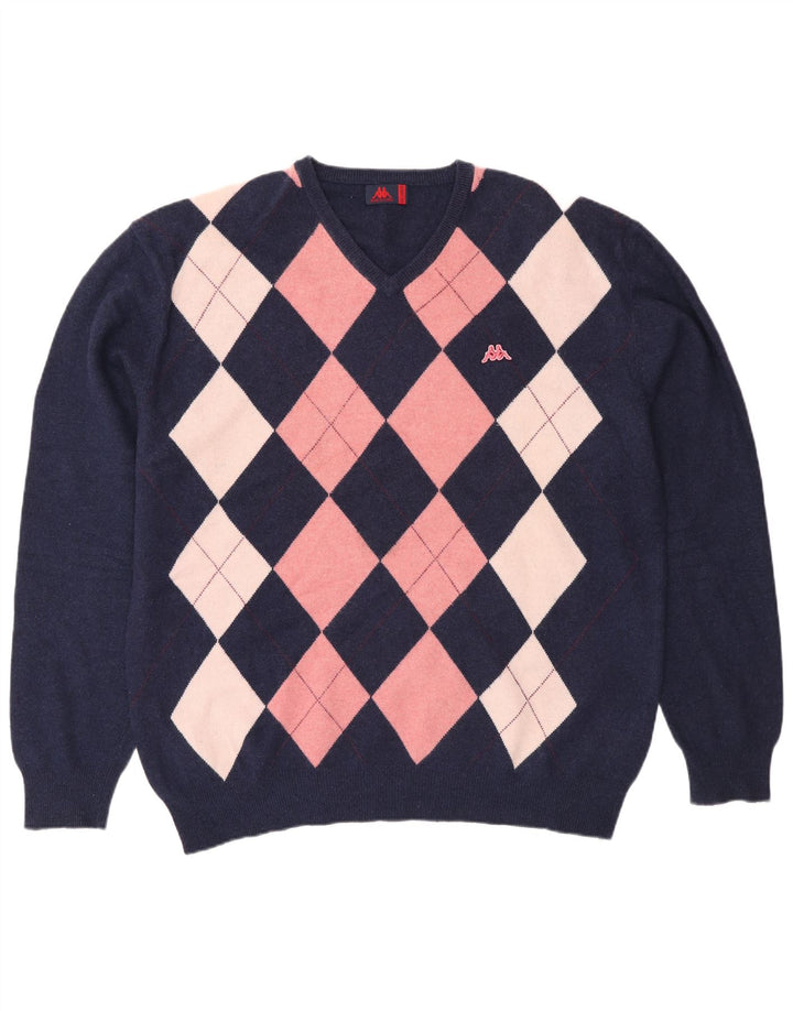 Kappa Herren-Pullover mit V-Ausschnitt, 2XL, Marineblau, Argyle-/Diamantwolle