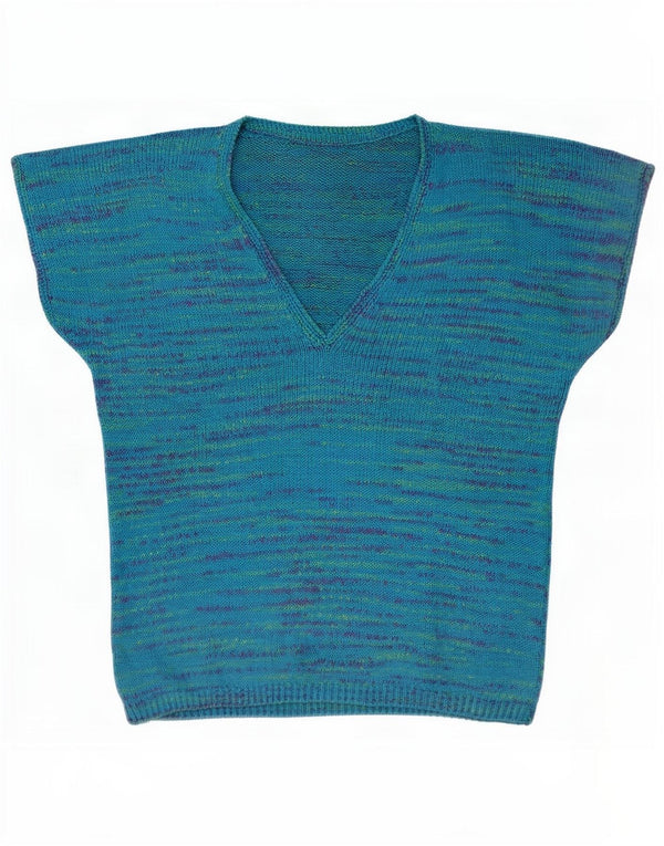 Vintage Damen Kurzärmeliger Pullover mit V-Ausschnitt UK 18 XL Blau meliert