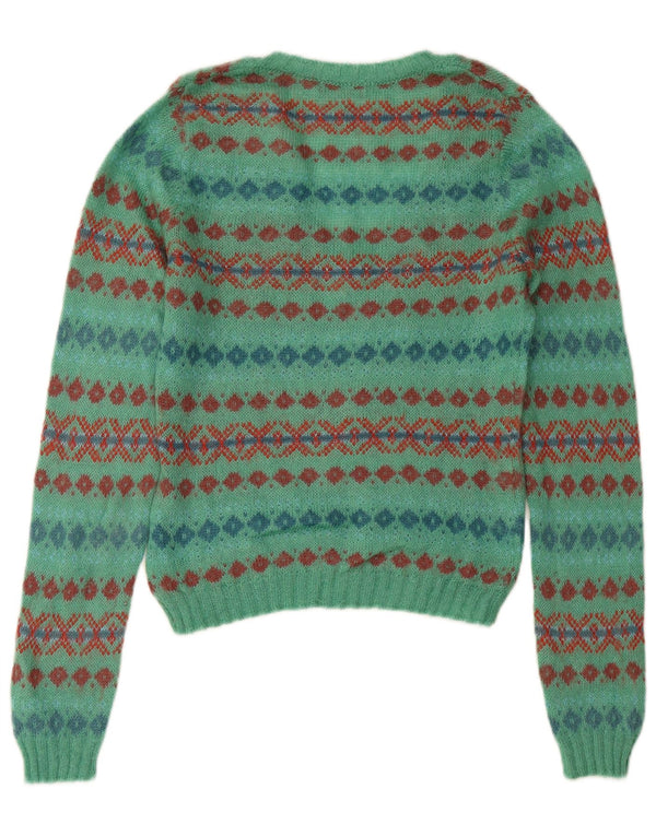 SISLEY Damen Pullover mit bauchfreiem V-Ausschnitt, UK 14, Mitteltürkis, Fair Isle