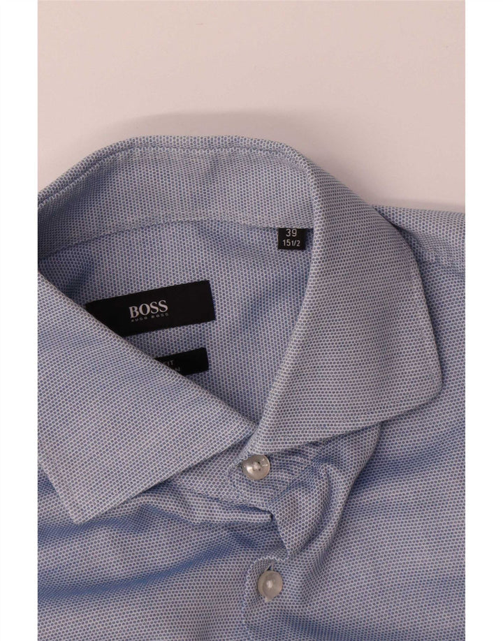 Hugo Boss Herrenhemd Größe 39 15 1/2 mittelblau gefleckte Baumwolle