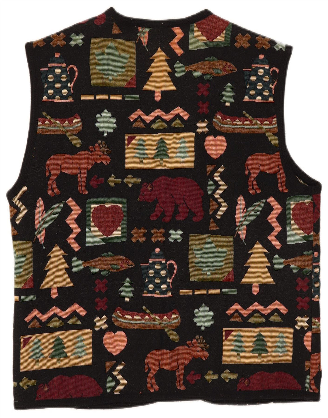 Vintage Womens OPEN Waistcoat UK 14 Large Black Geometric Polyester