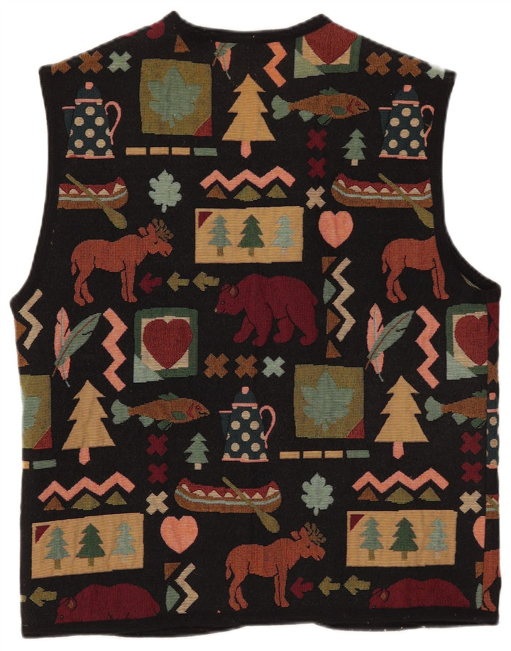 Vintage Womens OPEN Waistcoat UK 14 Large Black Geometric Polyester