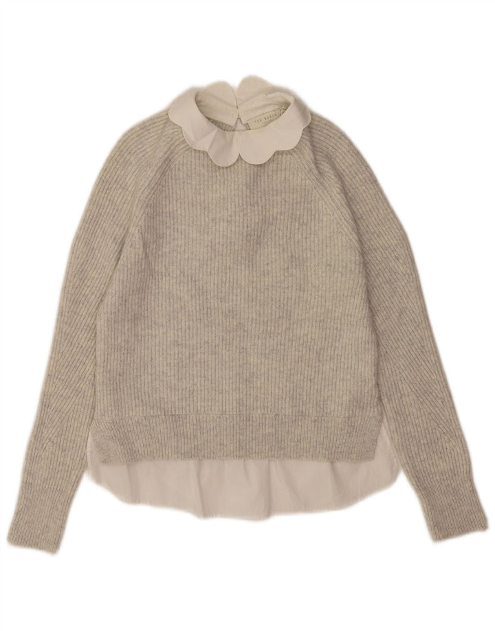 Ted Baker Damen-Pullover in Übergröße mit Rundhalsausschnitt, US 0 2XS, graue Wolle