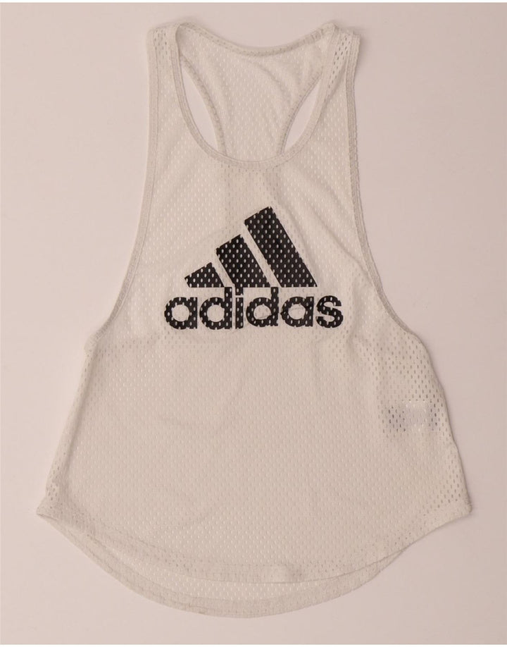 ADIDAS Womens See Through Graphic Vest Top UK 10 Small White Polyester Vintage Adidas and Second-Hand Adidas from Messina Hembry 