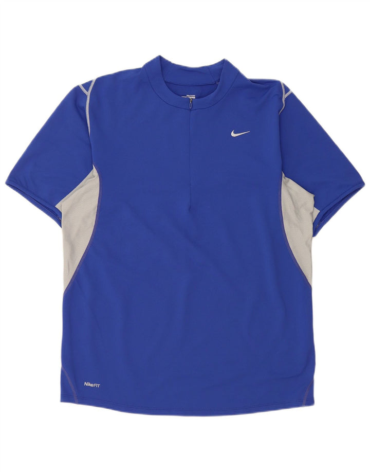Nike Herren-T-Shirt mit Reißverschluss am Hals, UK 39/41, mittelblaues Colourblock-Polyester