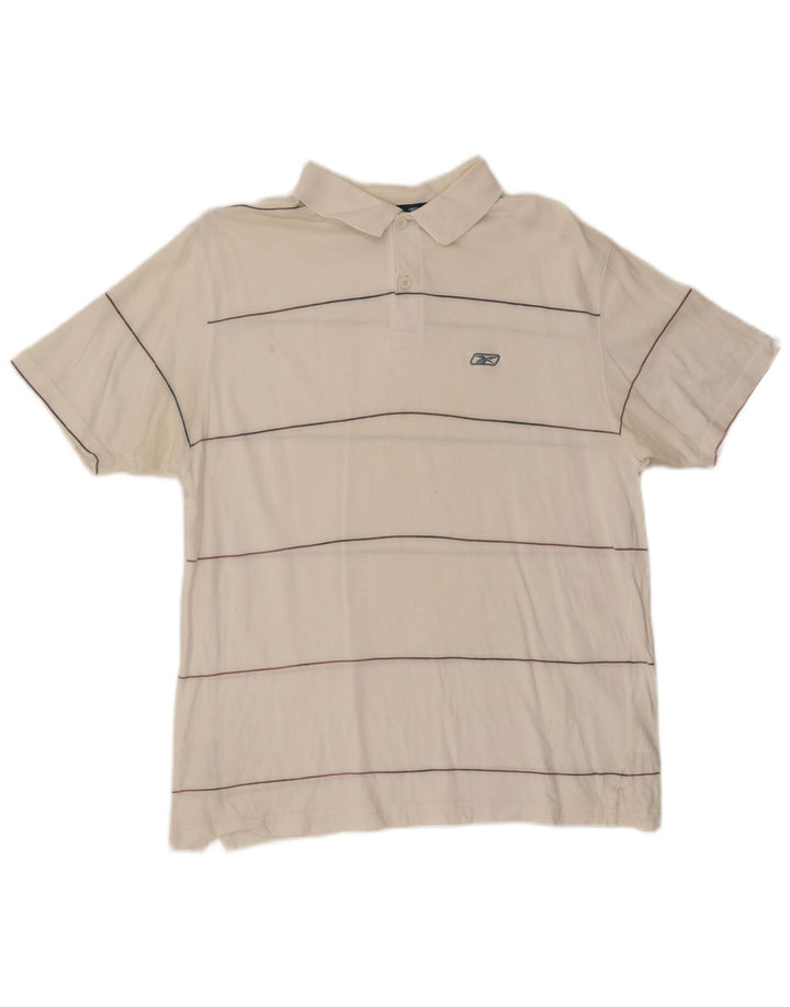 REEBOK Mens Polo Shirt Medium Off White Striped Cotton