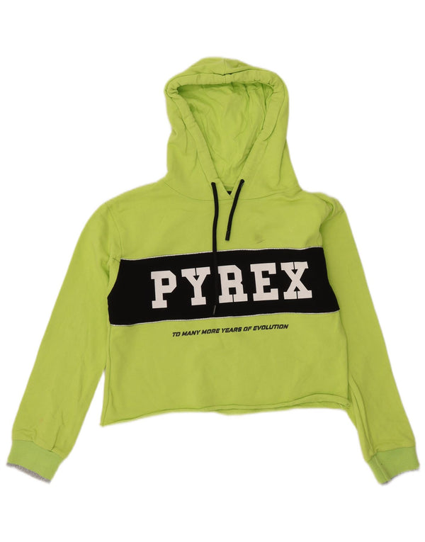 Pyrex Womens Crop Graphic Hoodie Pullover UK 14 Mittelgrüner Farbblock