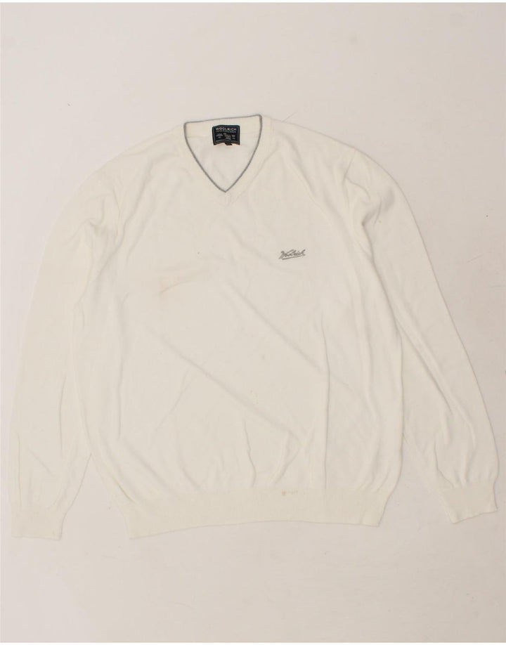 WOOLRICH Mens V-Neck Jumper Sweater 2XL White Cotton Vintage Woolrich and Second-Hand Woolrich from Messina Hembry 