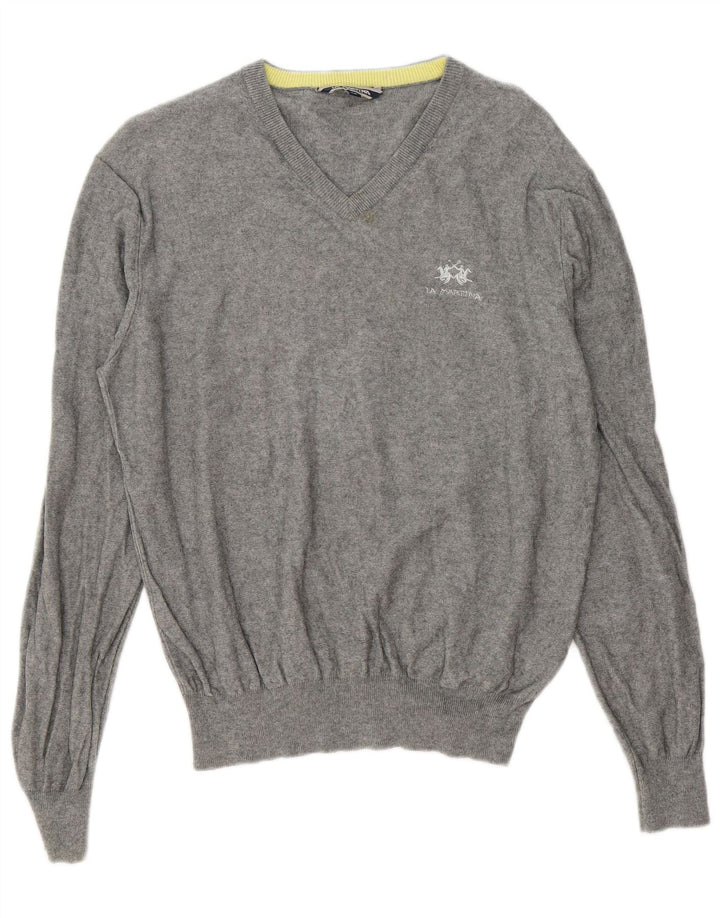 La Martina Herren-Pullover mit V-Ausschnitt aus mittelgrauer Baumwolle